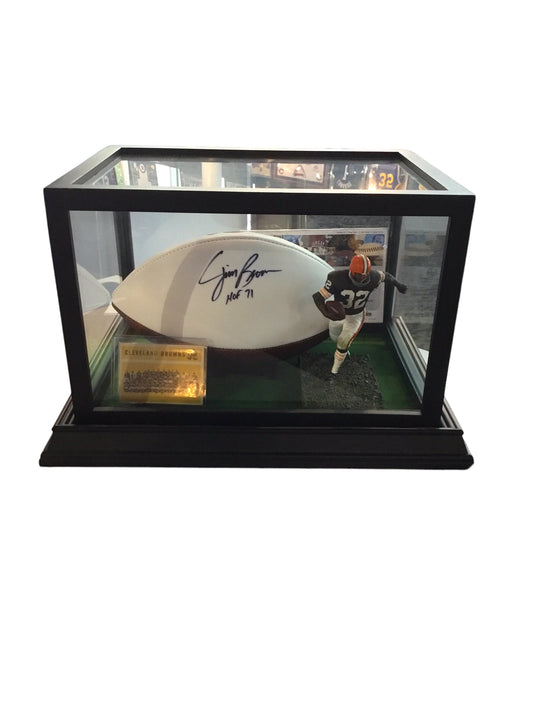 Jim Brown Cleveland Browns Autographed Football Shadowbox with Card and Figure CC#SD0009