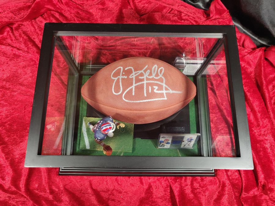 Jim Kelly Buffalo Bills Autographed Football Shadowbox with Card and Figure