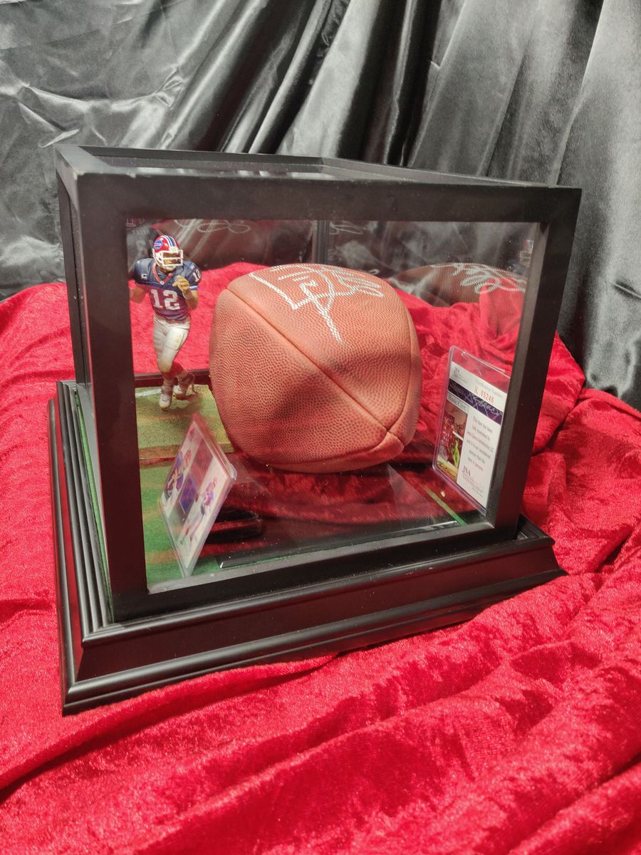 Jim Kelly Buffalo Bills Autographed Football Shadowbox with Card and Figure