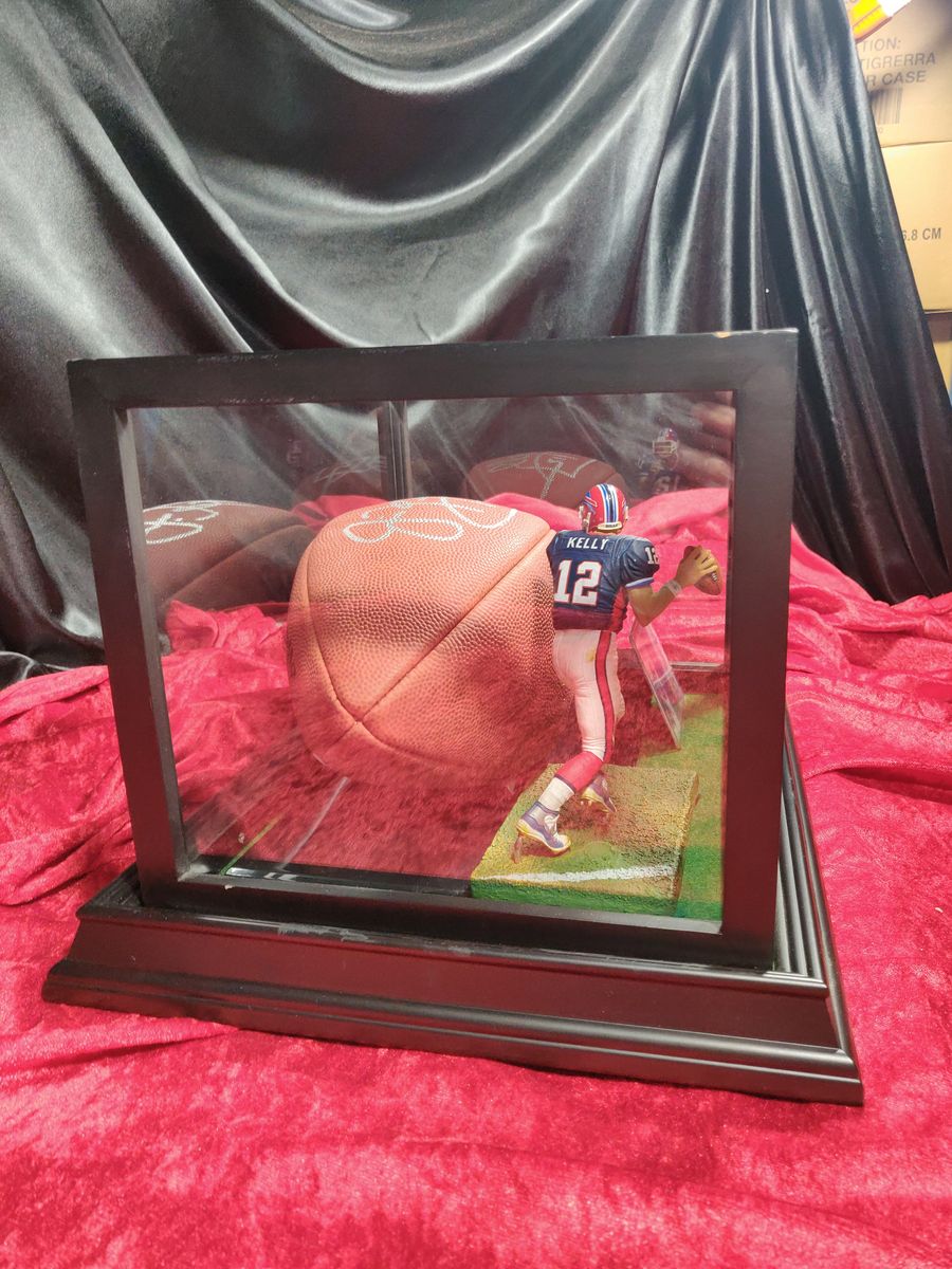 Jim Kelly Buffalo Bills Autographed Football Shadowbox with Card and Figure