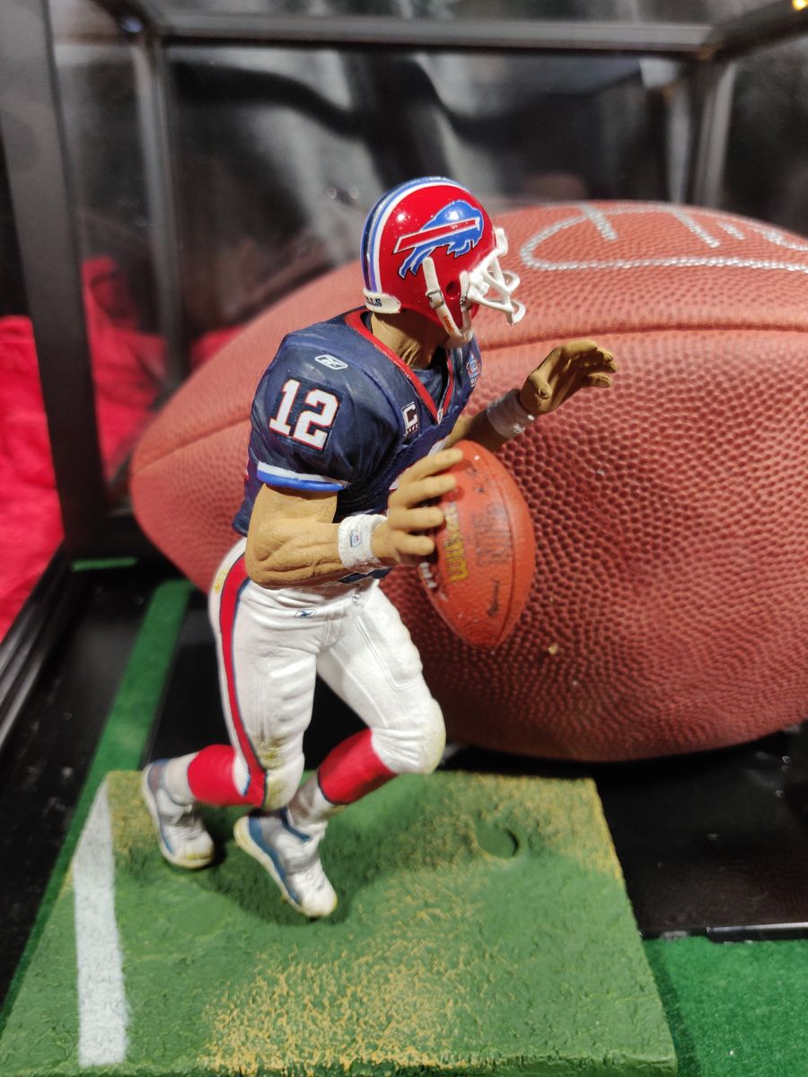 Jim Kelly Buffalo Bills Autographed Football Shadowbox with Card and Figure