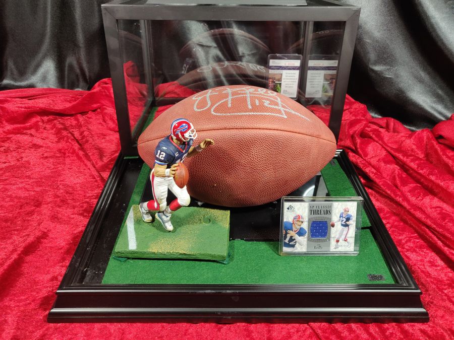 Jim Kelly Buffalo Bills Autographed Football Shadowbox with Card and Figure