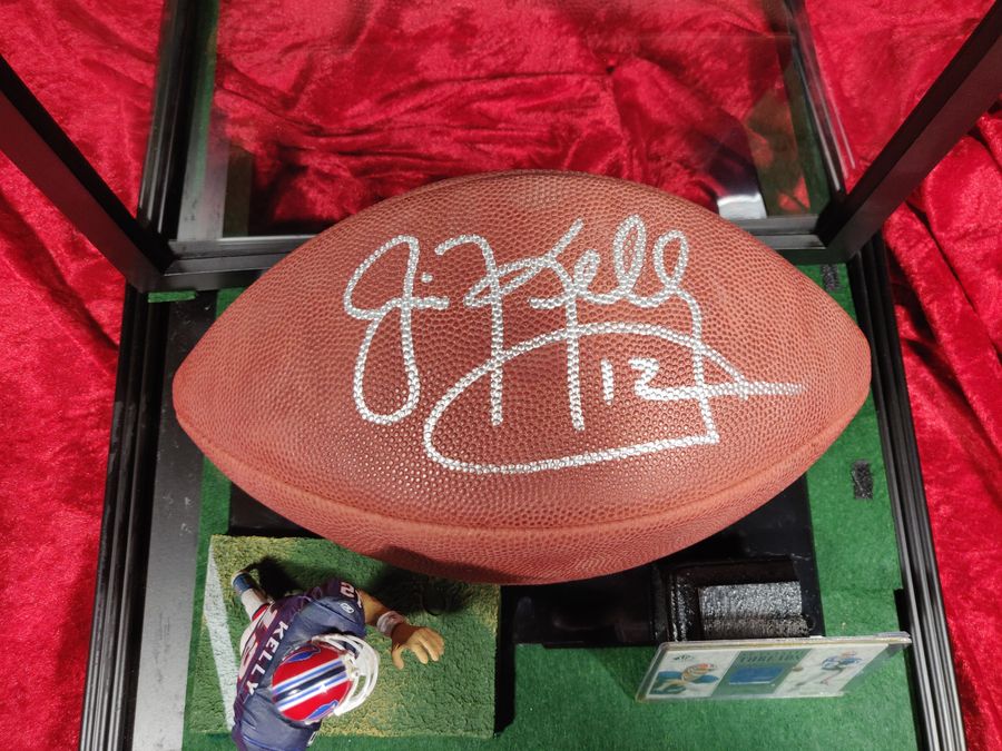 Jim Kelly Buffalo Bills Autographed Football Shadowbox with Card and Figure