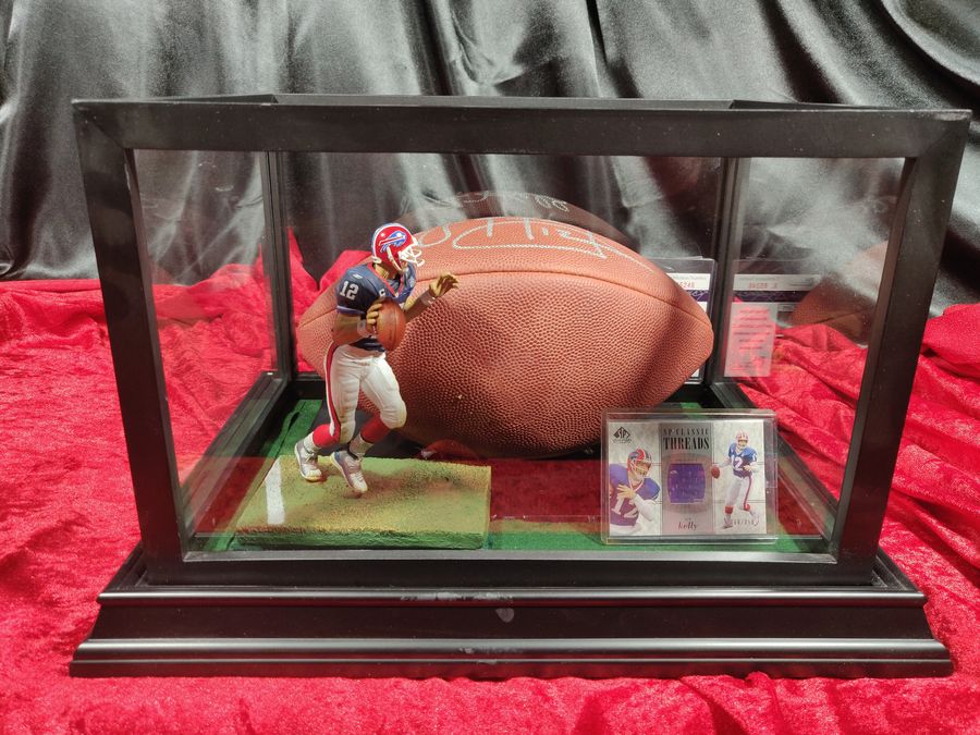 Jim Kelly Buffalo Bills Autographed Football Shadowbox with Card and Figure