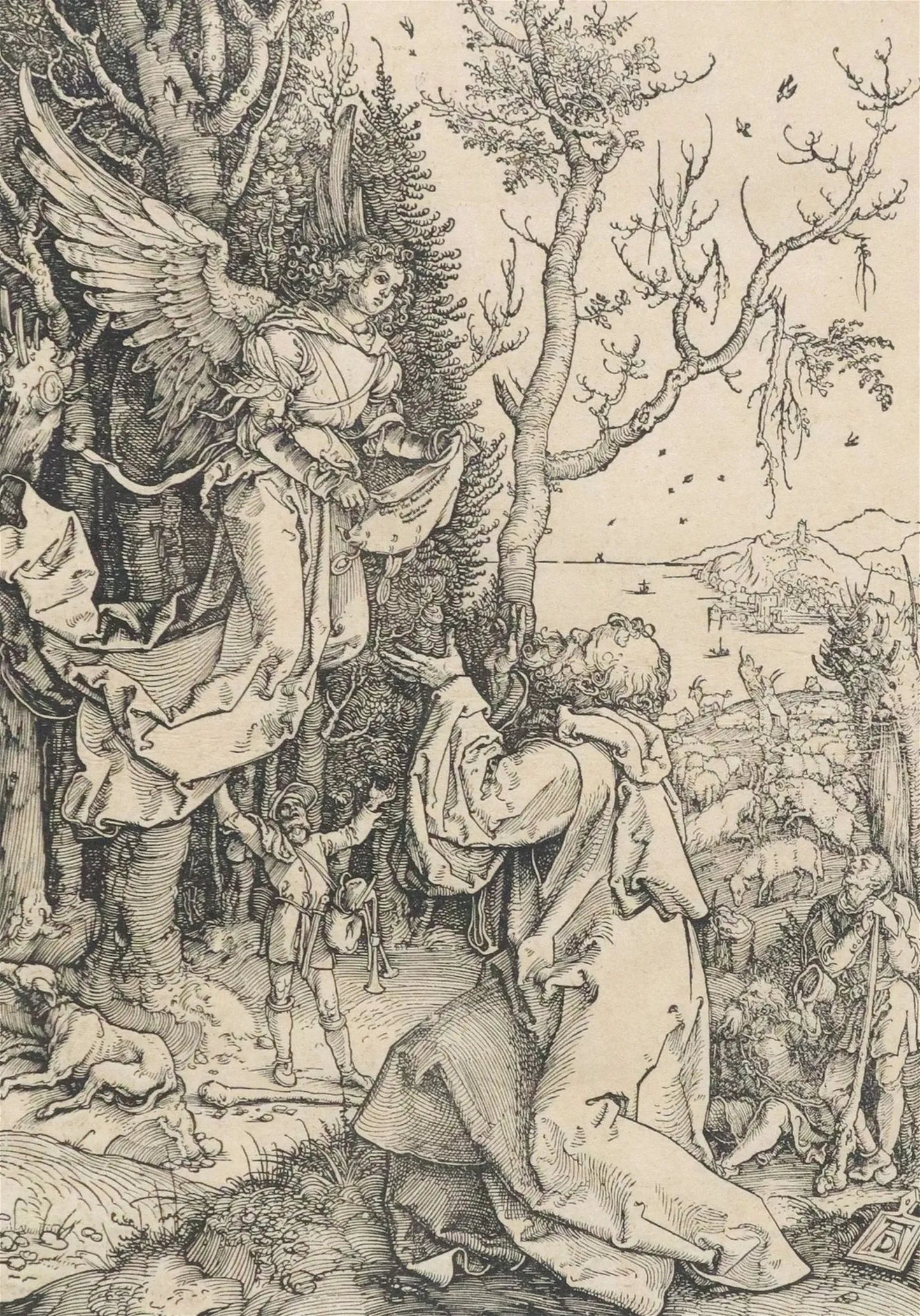 "Joachim & the Angel" Woodcut by Albrecht Dürer, Framed w/Two Collector Stamps