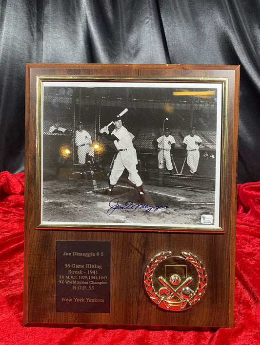 Joe DiMaggio Autographed 8x10" Photo on Yankees Plaque w/ COA