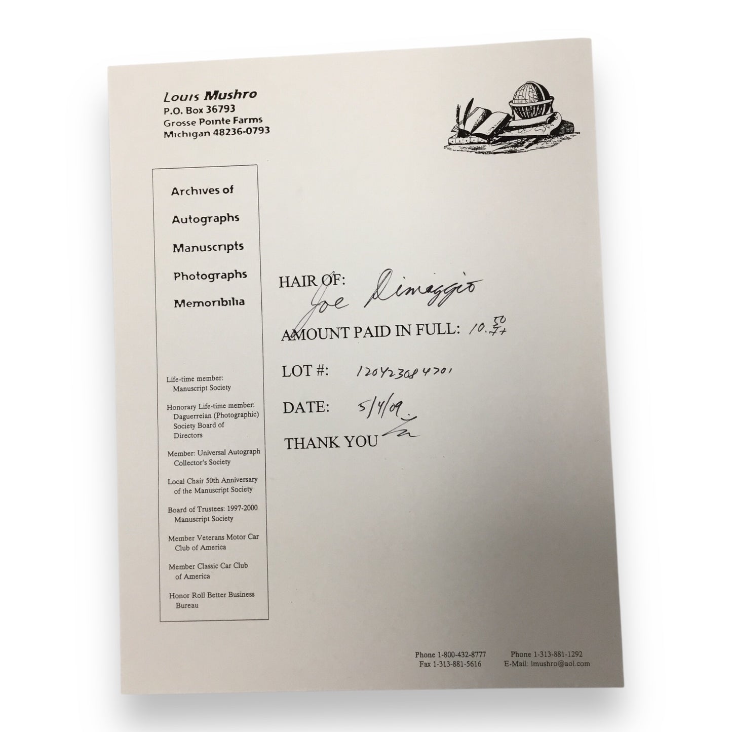 Joe Dimaggio Hair Clipping with Certificate of Authenticity