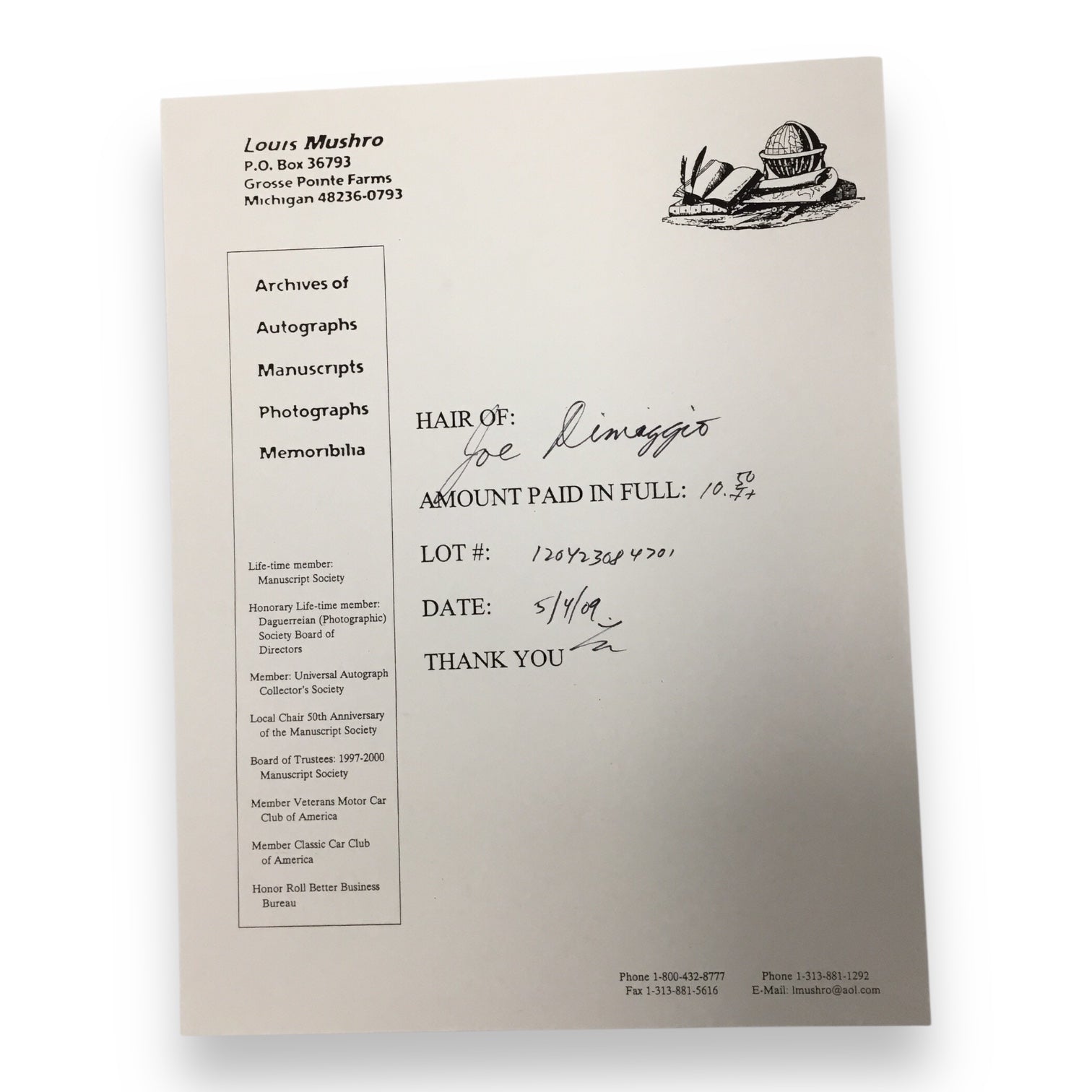 Joe Dimaggio Hair Clipping with Certificate of Authenticity