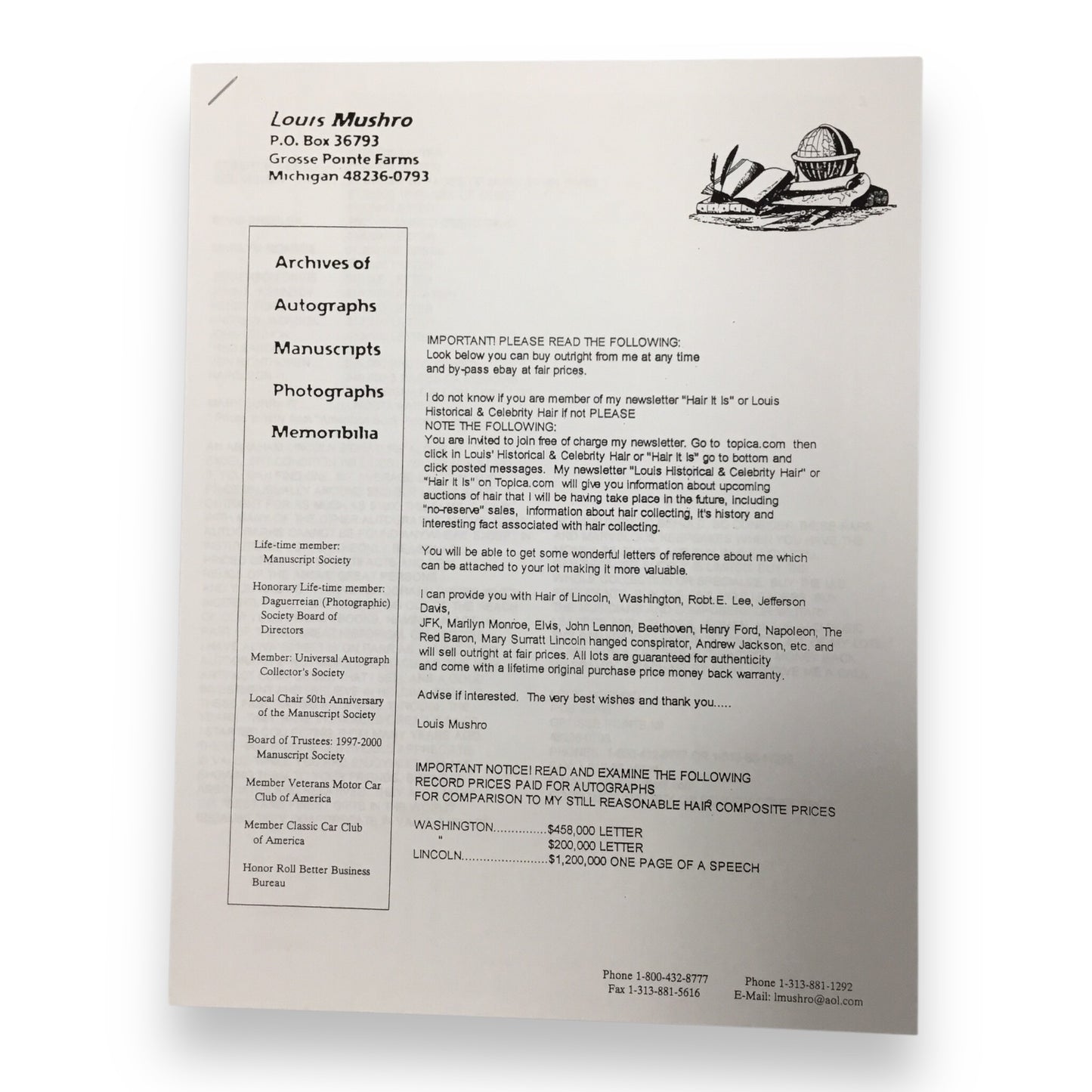 Joe Dimaggio Hair Clipping with Certificate of Authenticity