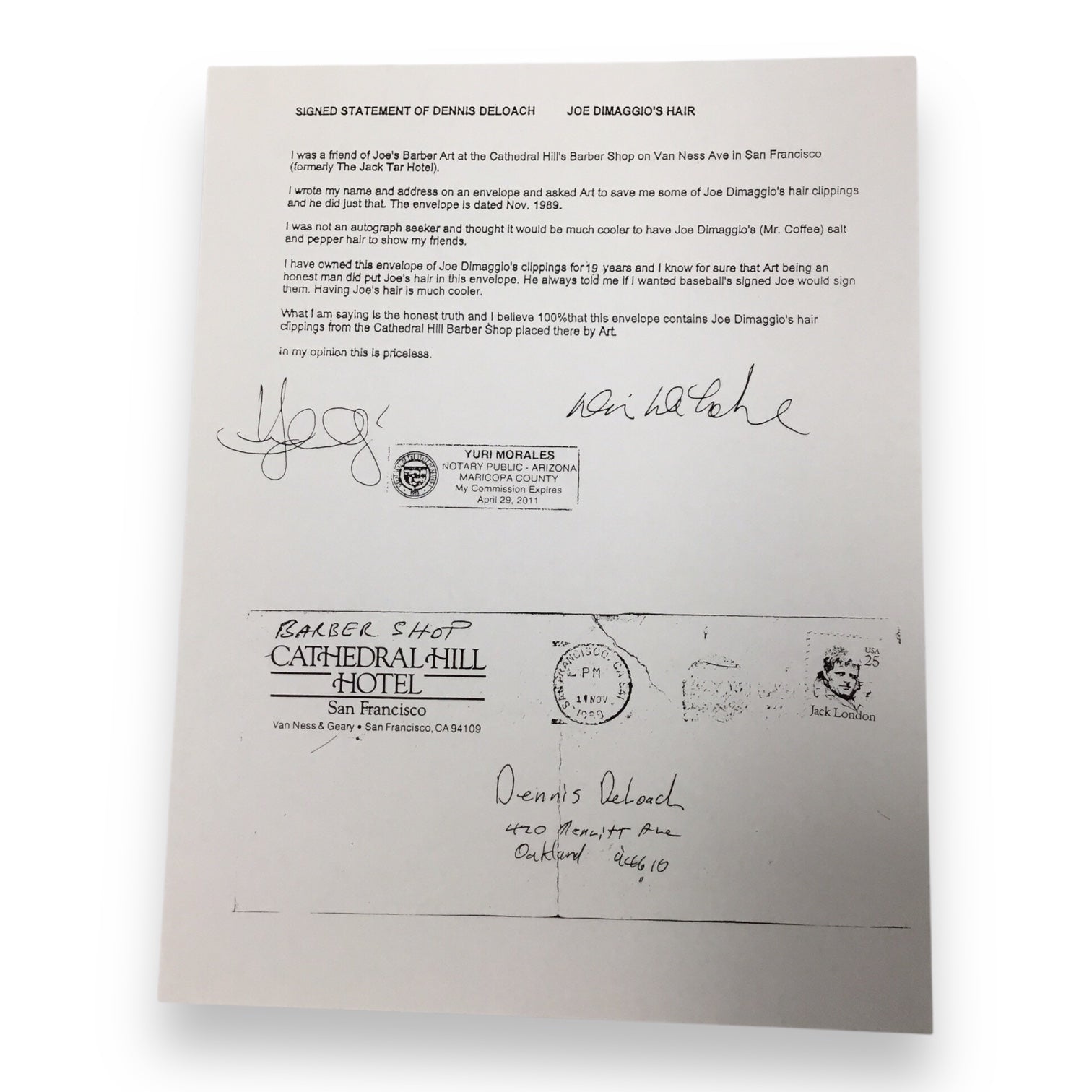 Joe Dimaggio Hair Clipping with Certificate of Authenticity