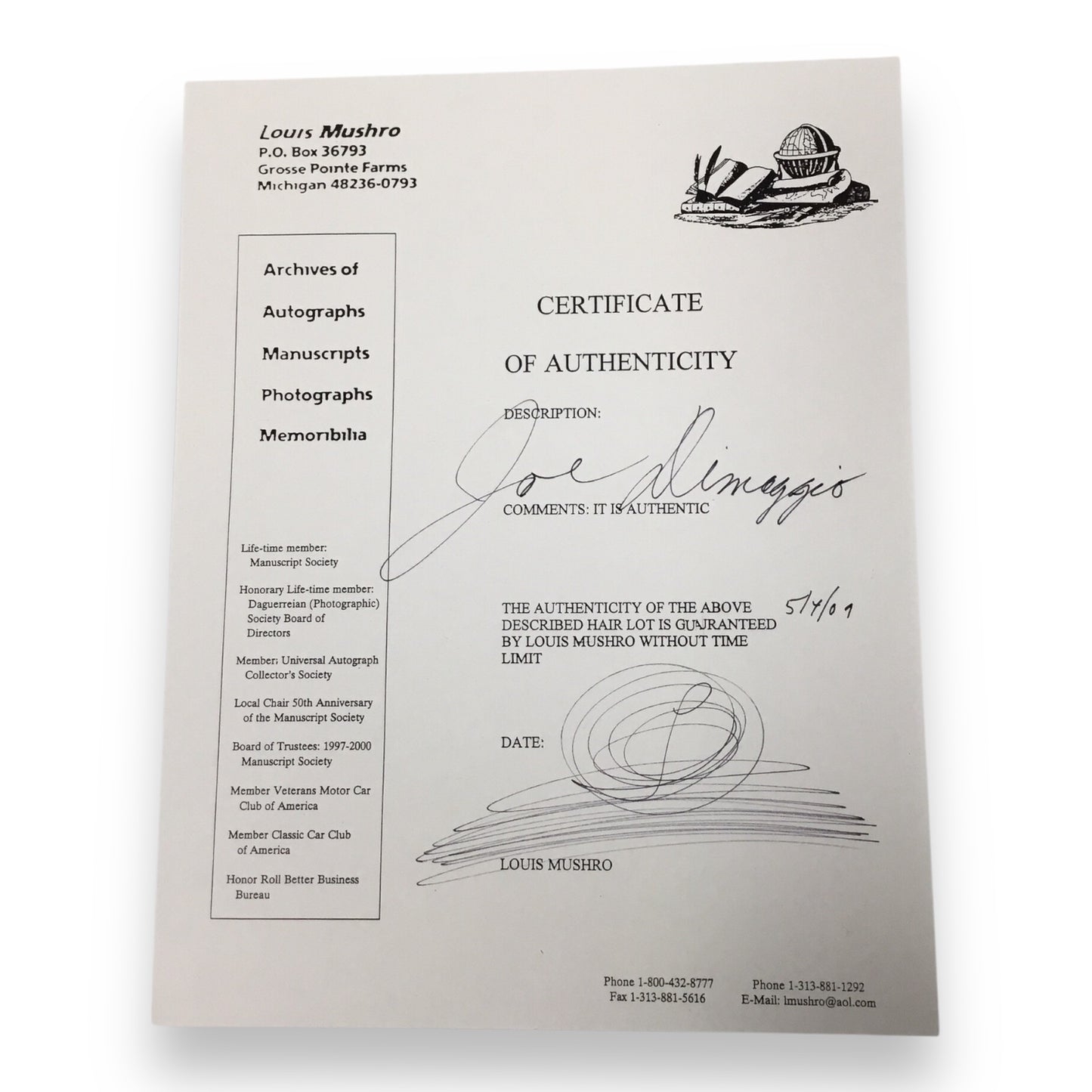 Joe Dimaggio Hair Clipping with Certificate of Authenticity