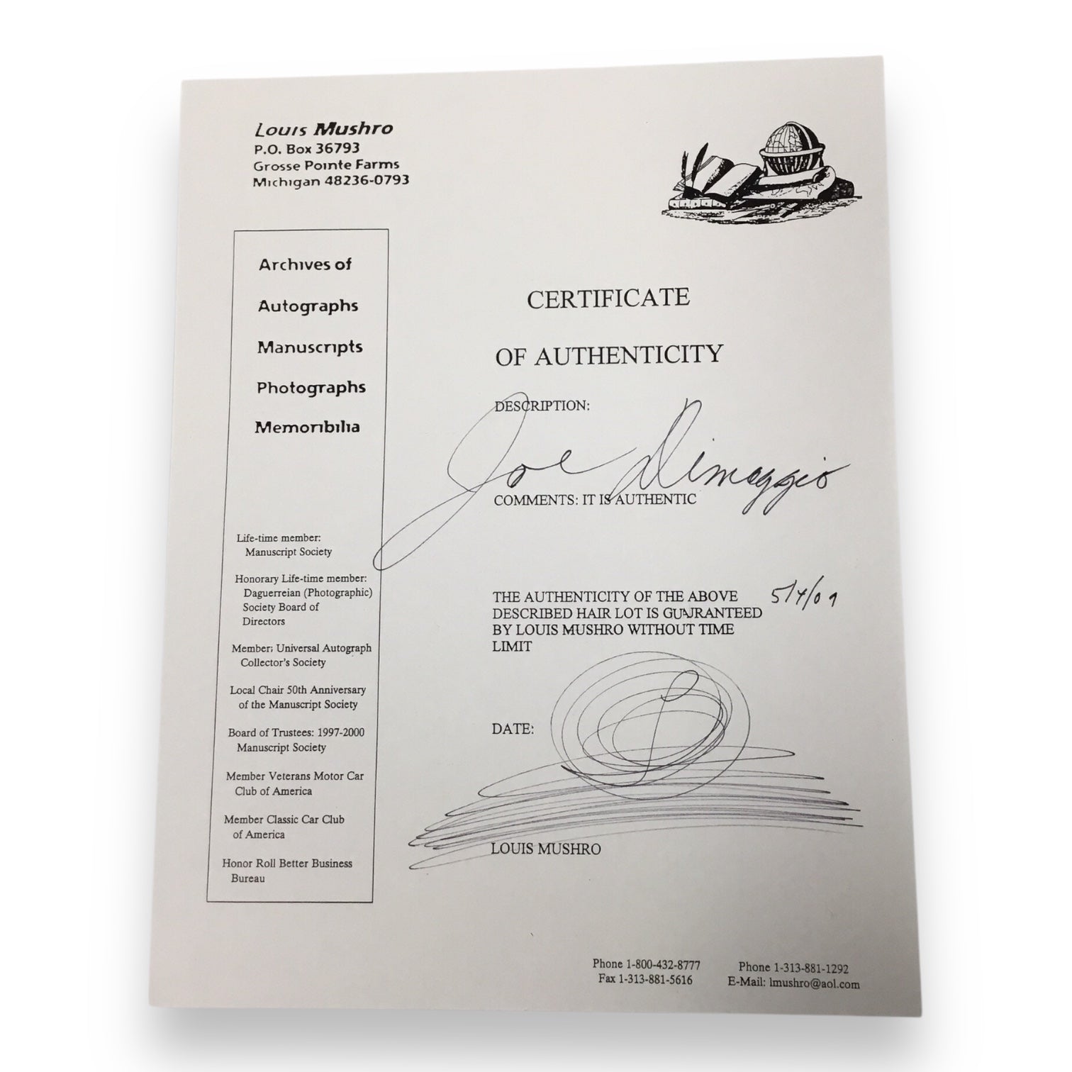 Joe Dimaggio Hair Clipping with Certificate of Authenticity