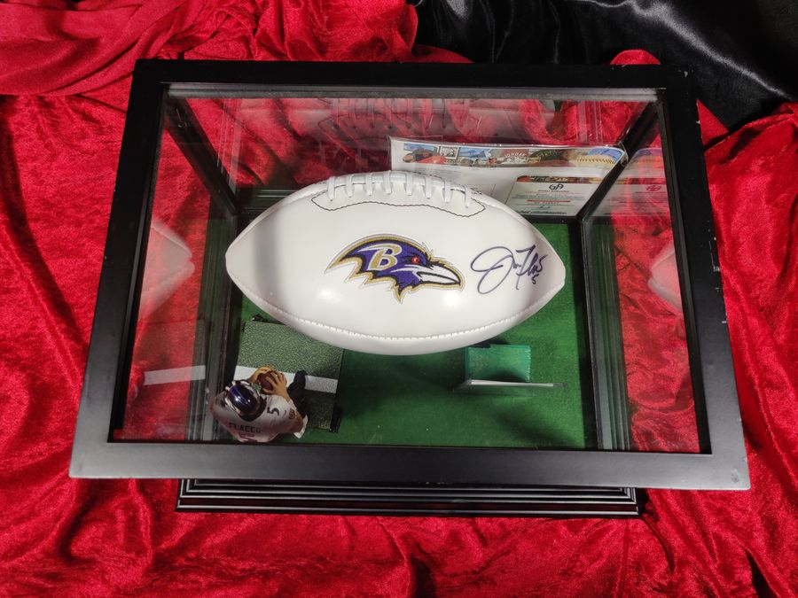 Joe Flacco Baltimore Ravens Autographed Football Shadowbox with Card and Figure