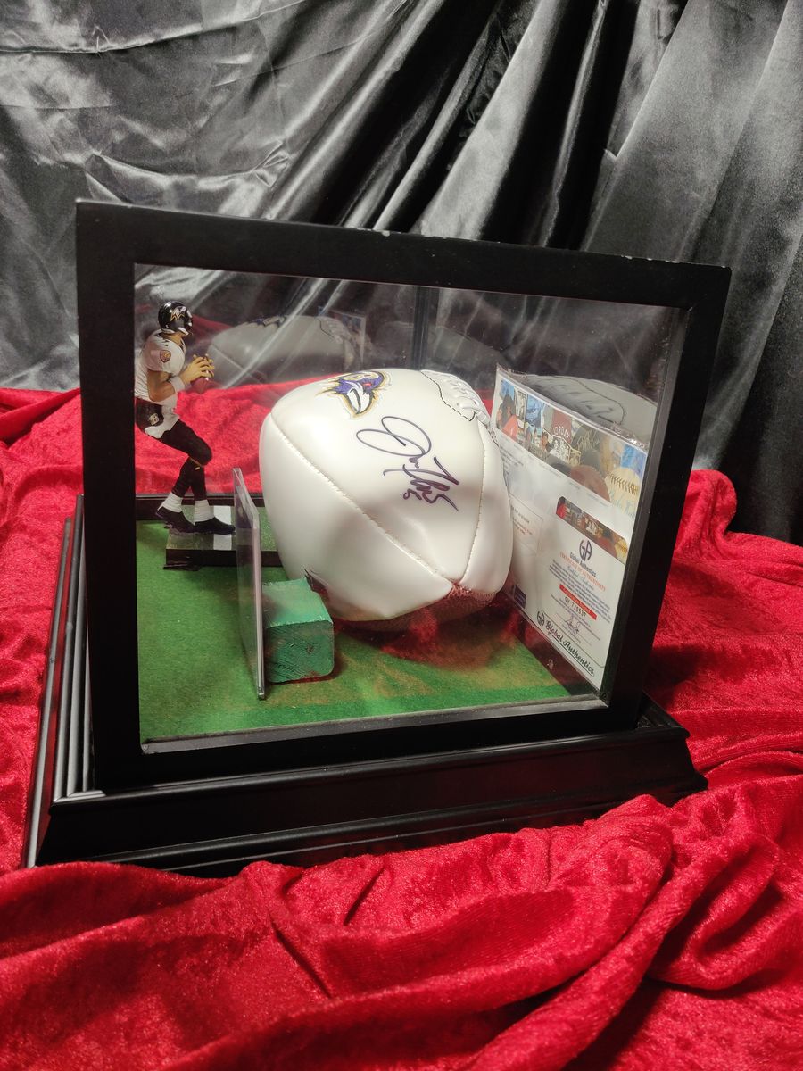 Joe Flacco Baltimore Ravens Autographed Football Shadowbox with Card and Figure