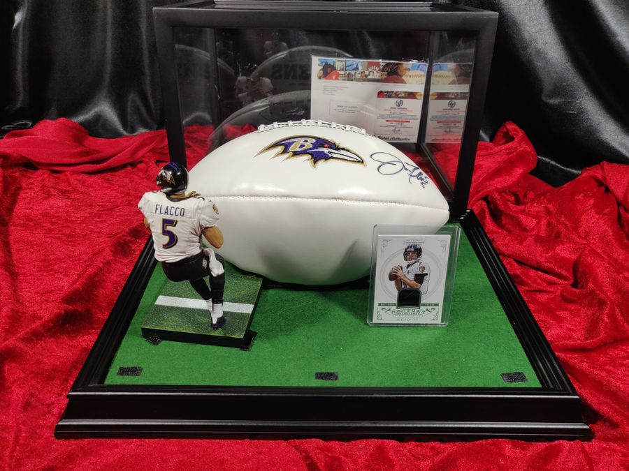 Joe Flacco Baltimore Ravens Autographed Football Shadowbox with Card and Figure