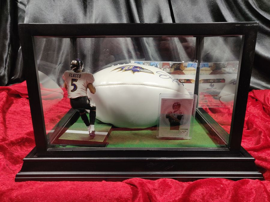 Joe Flacco Baltimore Ravens Autographed Football Shadowbox with Card and Figure