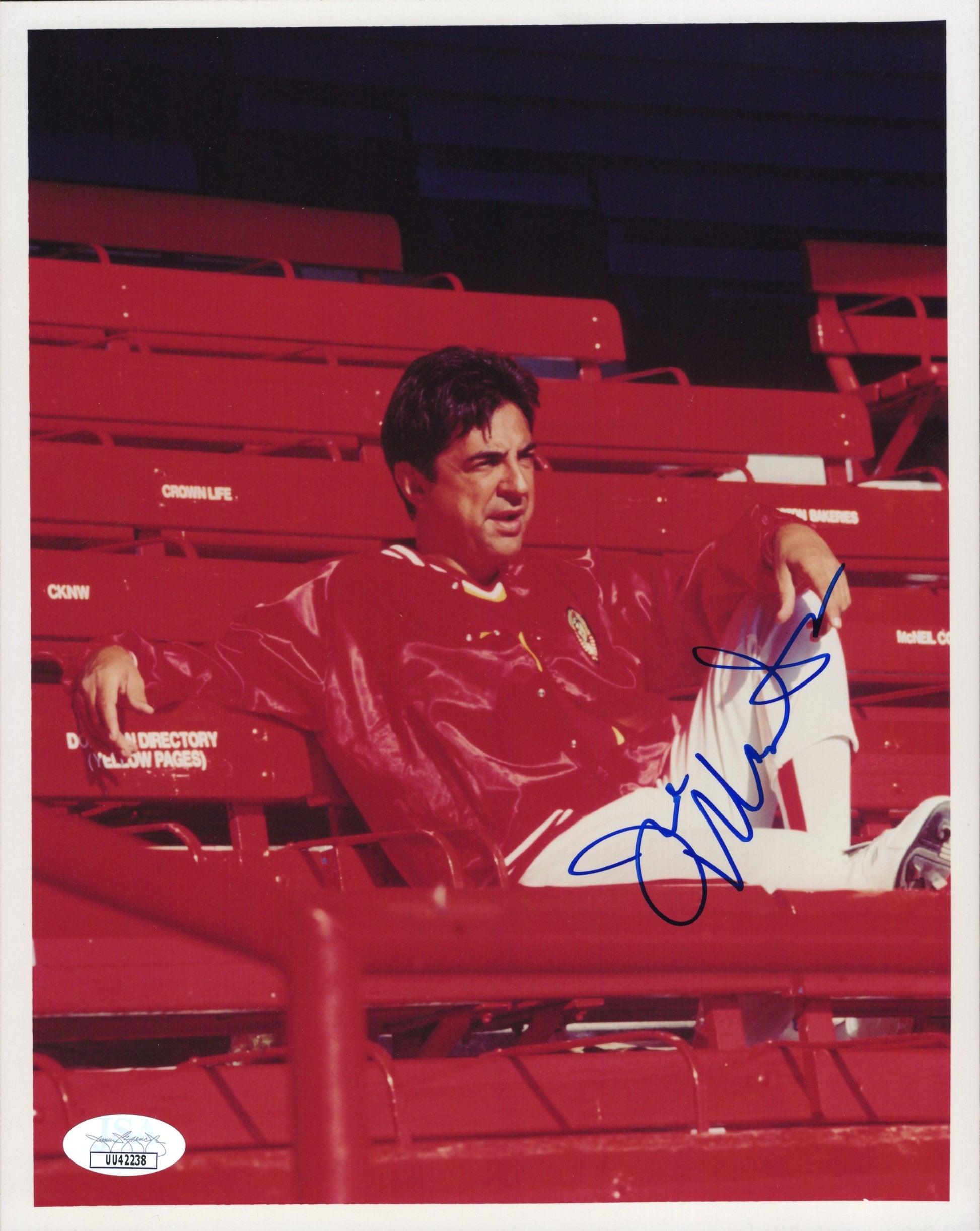 Joe Mantegna Sitting in Red Stadium Signed Photo 8x10, JSA and PSA Letter Double Certified Authentic UU42238