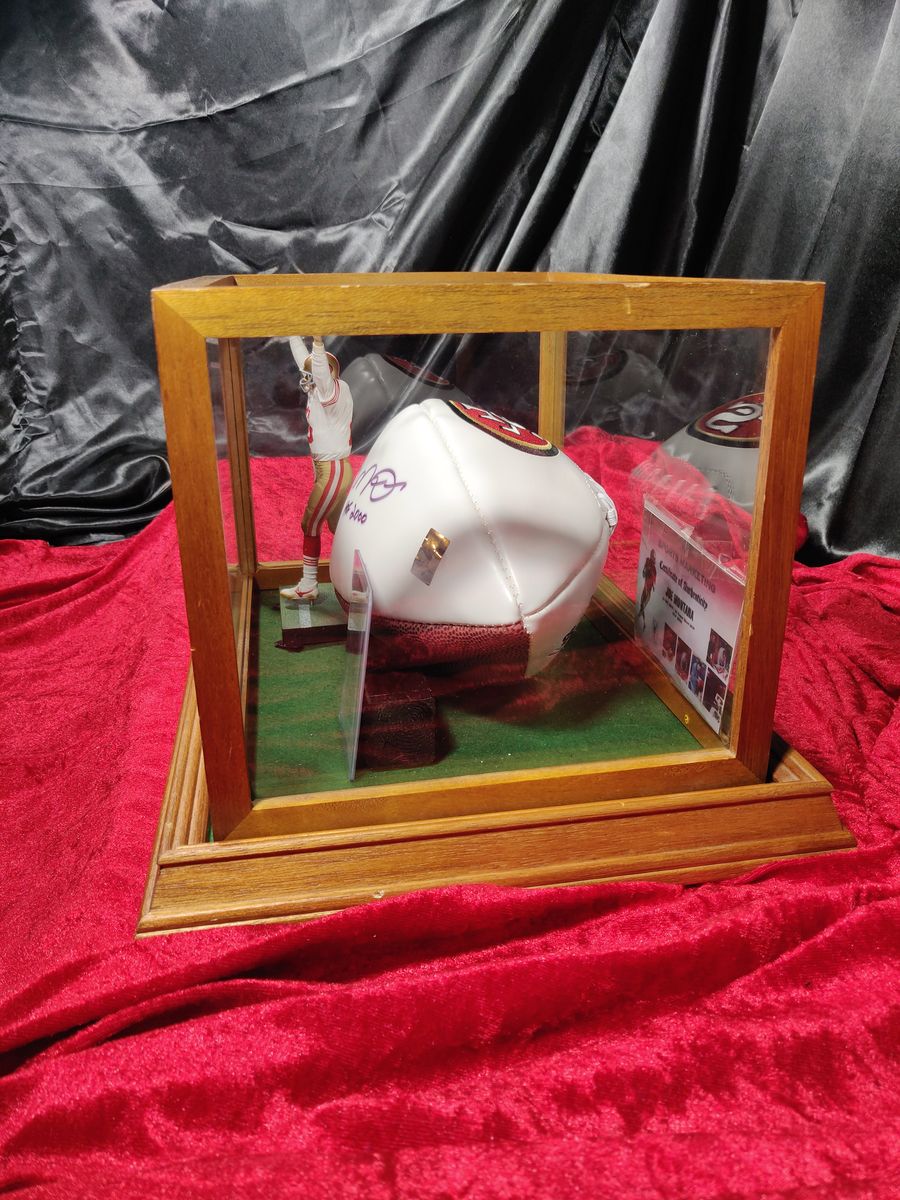 Joe Montana 49ers Autographed Football Shadowbox with Card and Figure