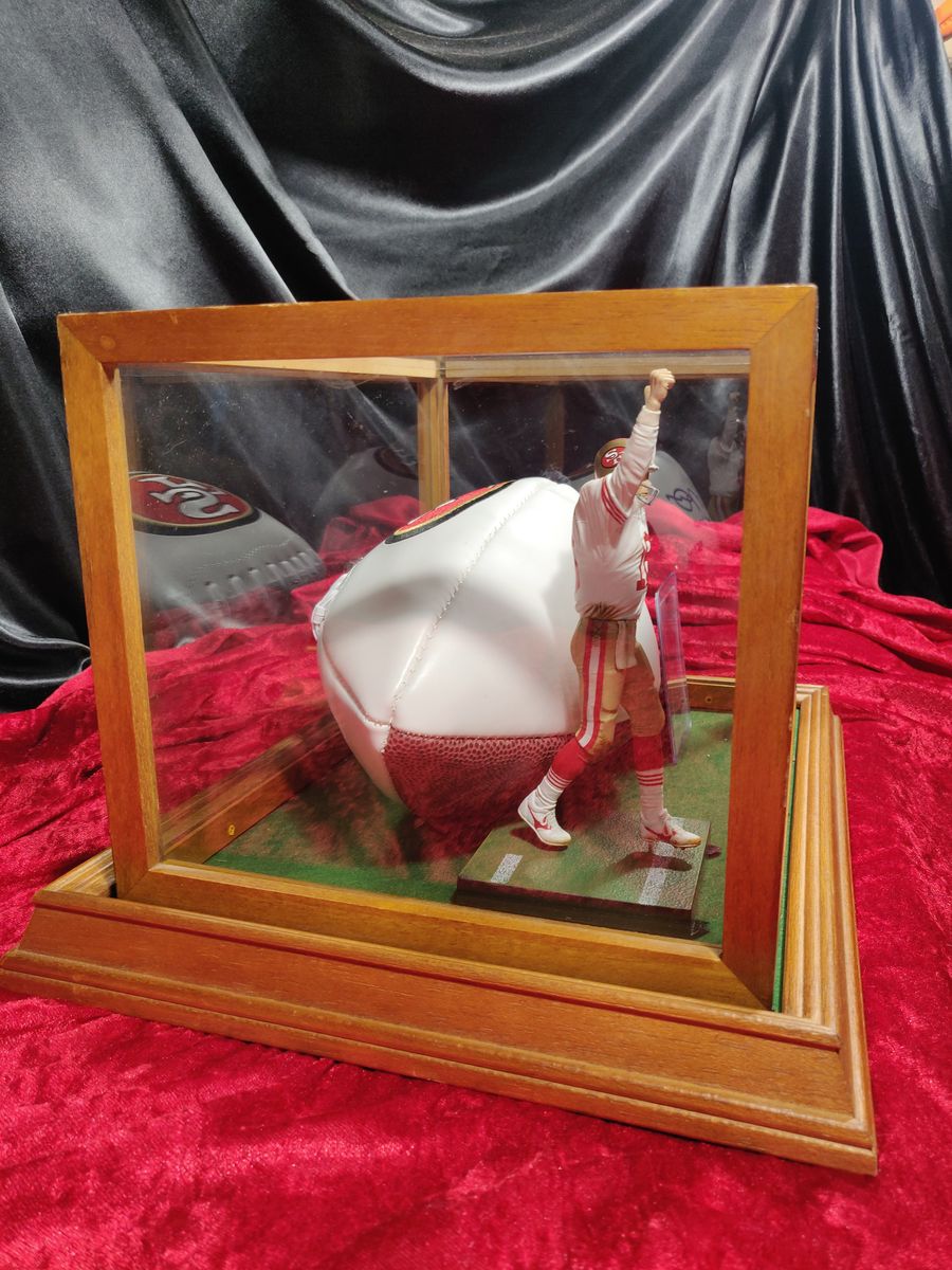 Joe Montana 49ers Autographed Football Shadowbox with Card and Figure