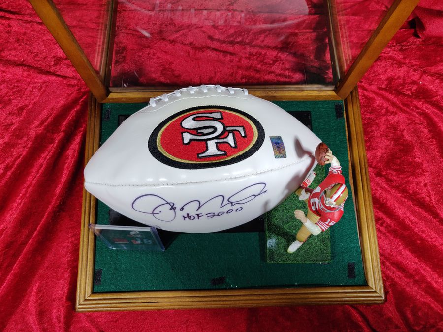 Joe Montana 49ers Autographed Football Shadowbox with Card and Figure