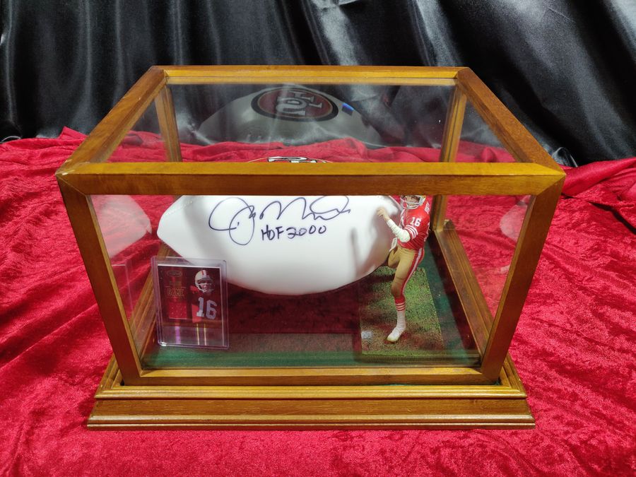 Joe Montana 49ers Autographed Football Shadowbox with Card and Figure