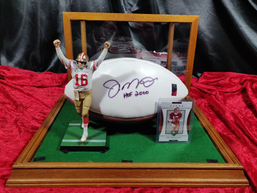 Joe Montana 49ers Autographed Football Shadowbox with Card and Figure