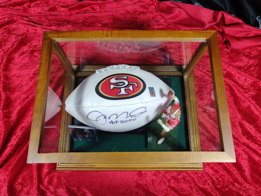 Joe Montana 49ers Autographed Football Shadowbox with Card and Figure