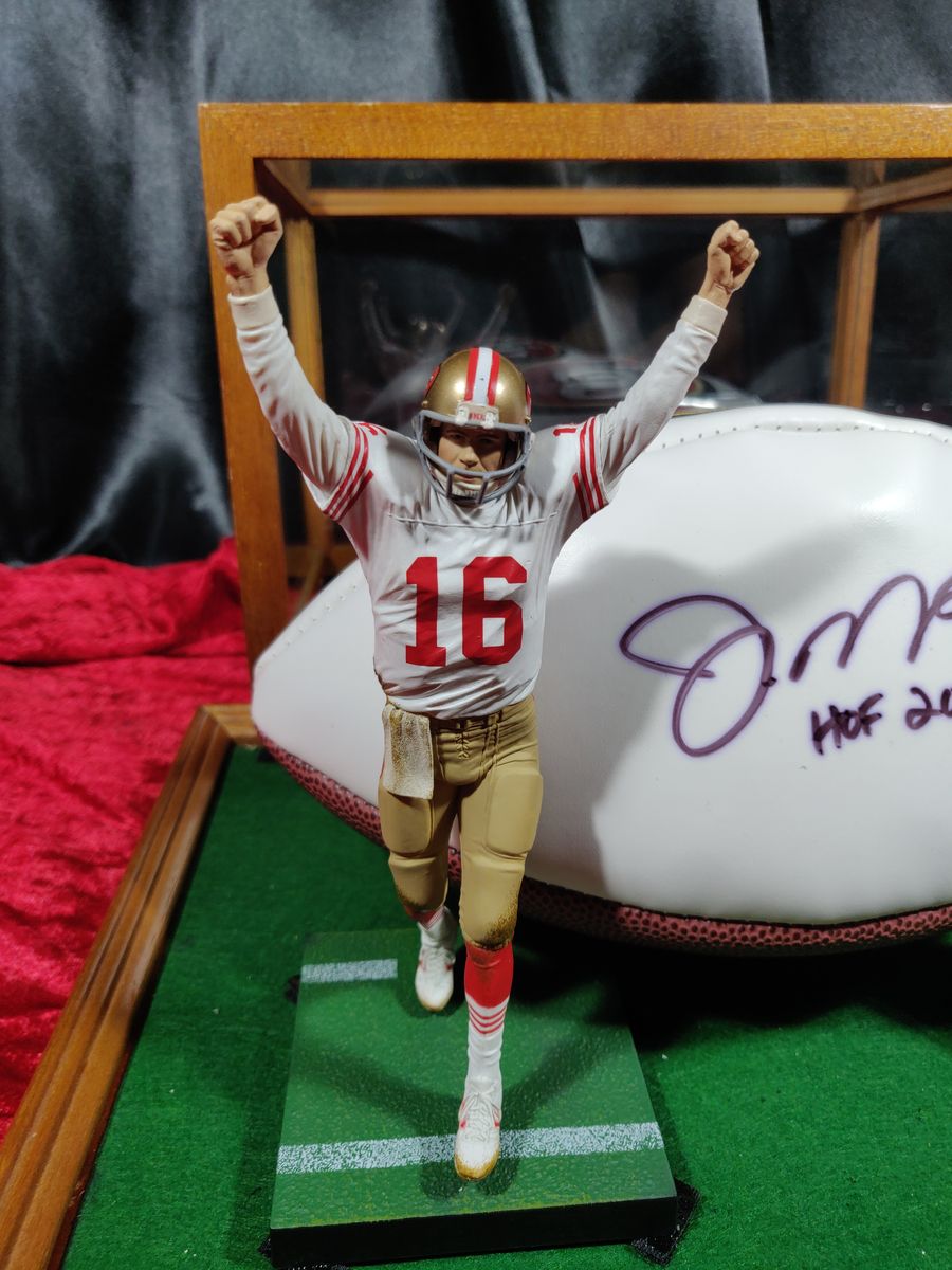 Joe Montana 49ers Autographed Football Shadowbox with Card and Figure