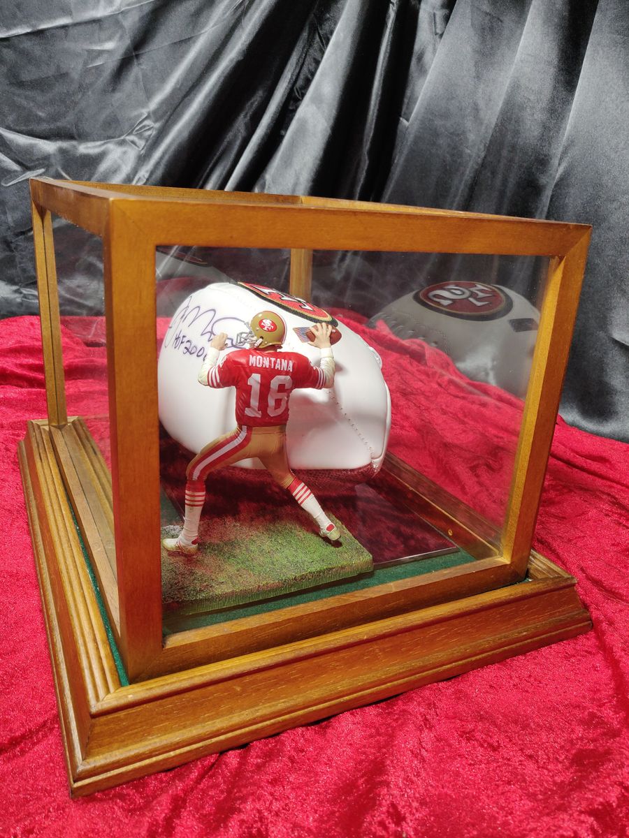 Joe Montana 49ers Autographed Football Shadowbox with Card and Figure