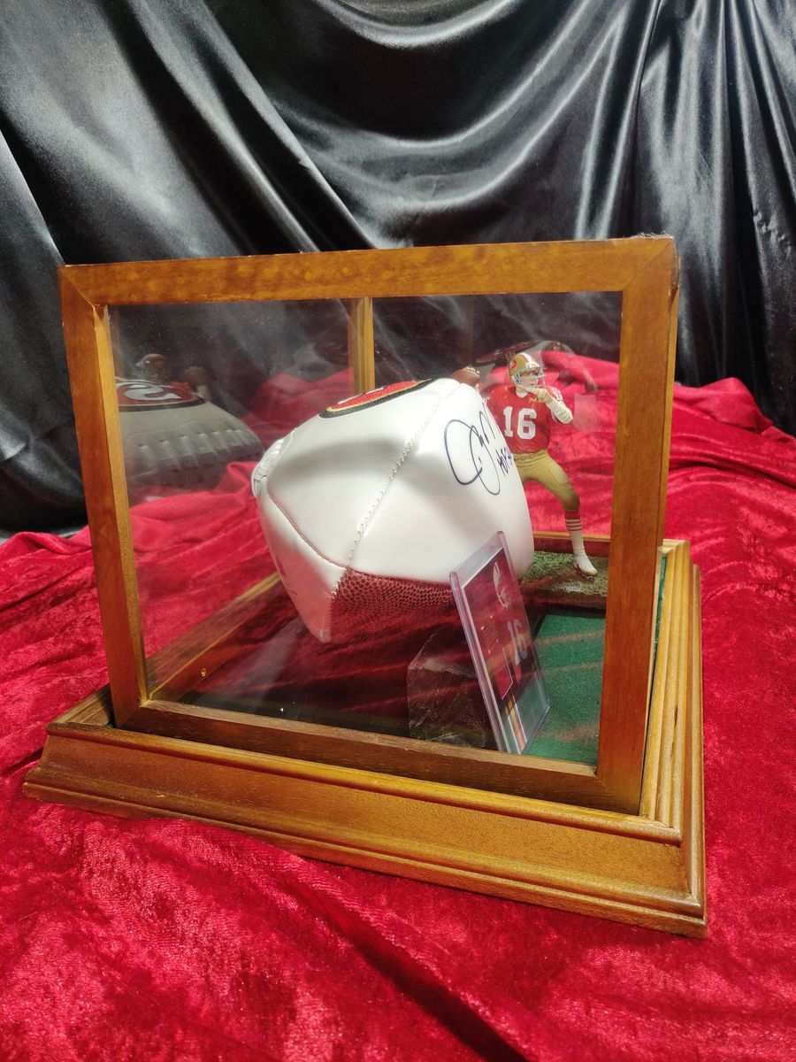 Joe Montana 49ers Autographed Football Shadowbox with Card and Figure