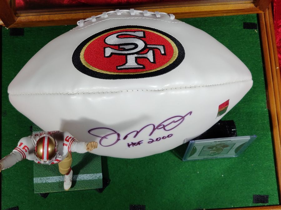Joe Montana 49ers Autographed Football Shadowbox with Card and Figure