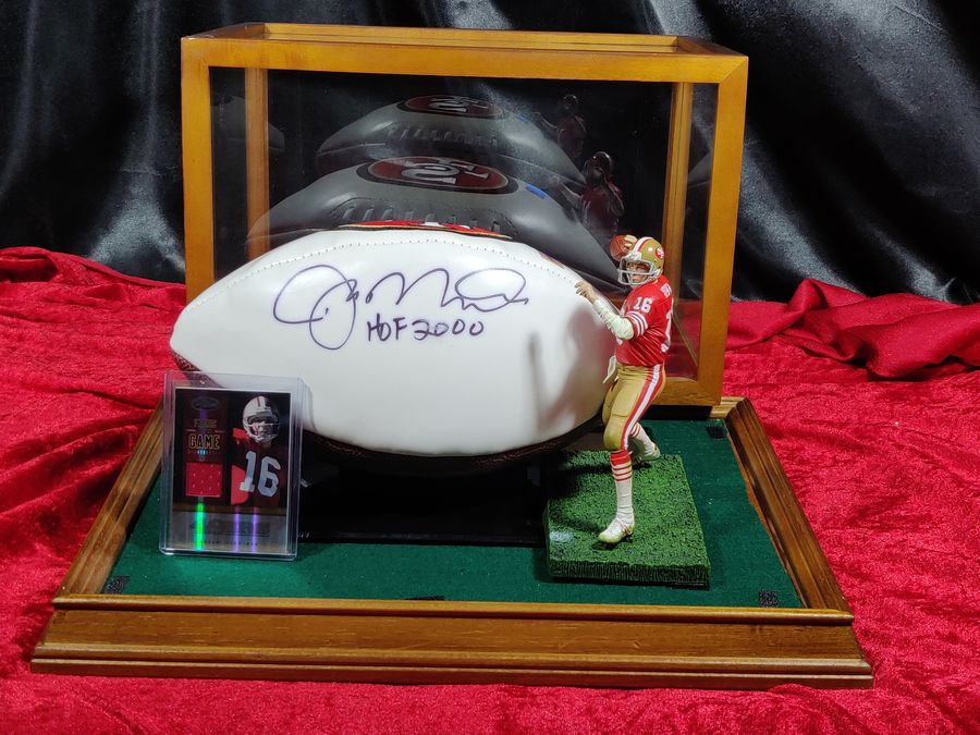 Joe Montana 49ers Autographed Football Shadowbox with Card and Figure