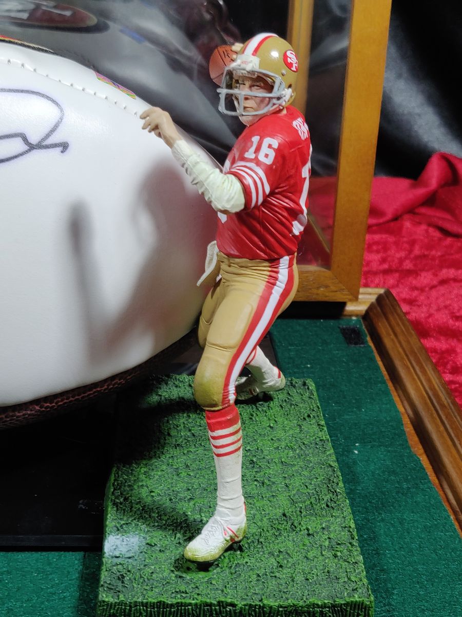 Joe Montana 49ers Autographed Football Shadowbox with Card and Figure