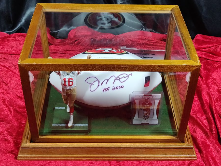 Joe Montana 49ers Autographed Football Shadowbox with Card and Figure