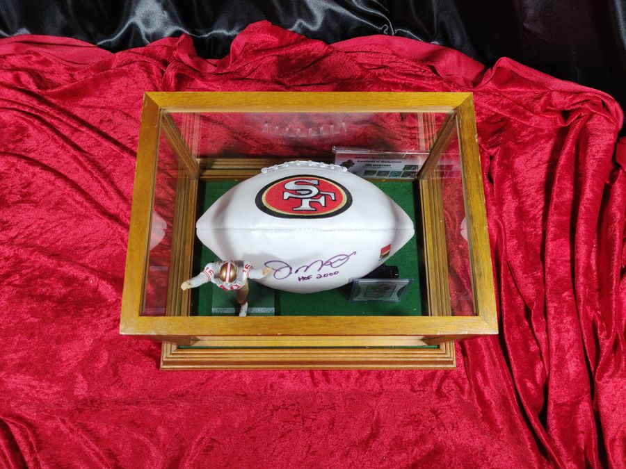 Joe Montana 49ers Autographed Football Shadowbox with Card and Figure