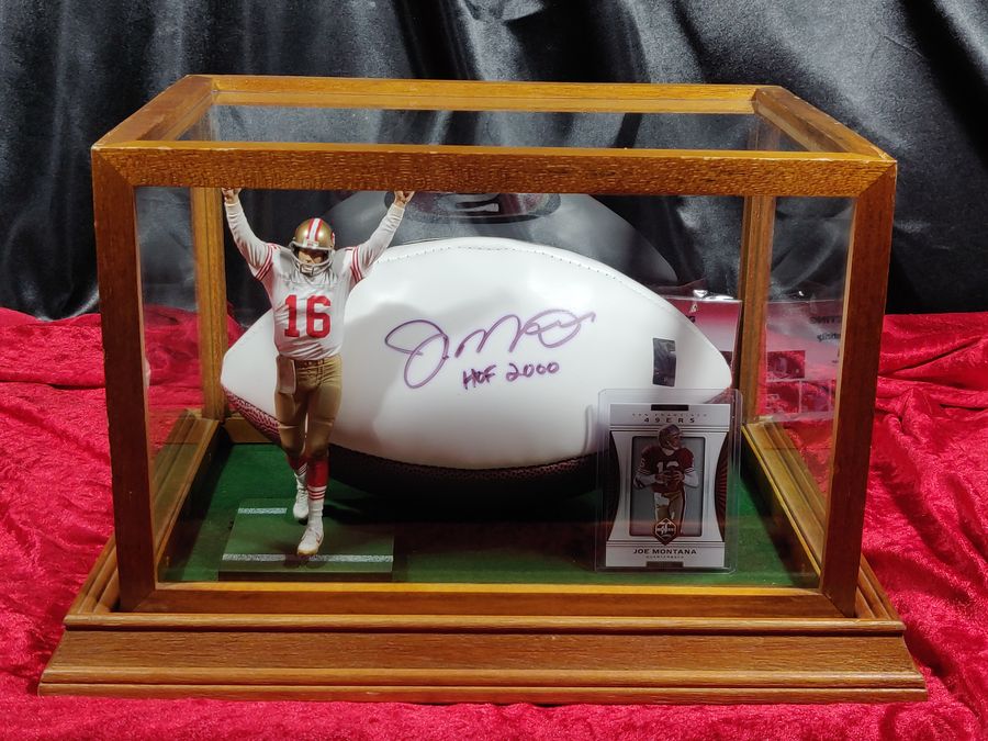 Joe Montana 49ers Autographed Football Shadowbox with Card and Figure