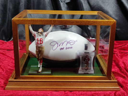Joe Montana 49ers Autographed Football Shadowbox with Card and Figure