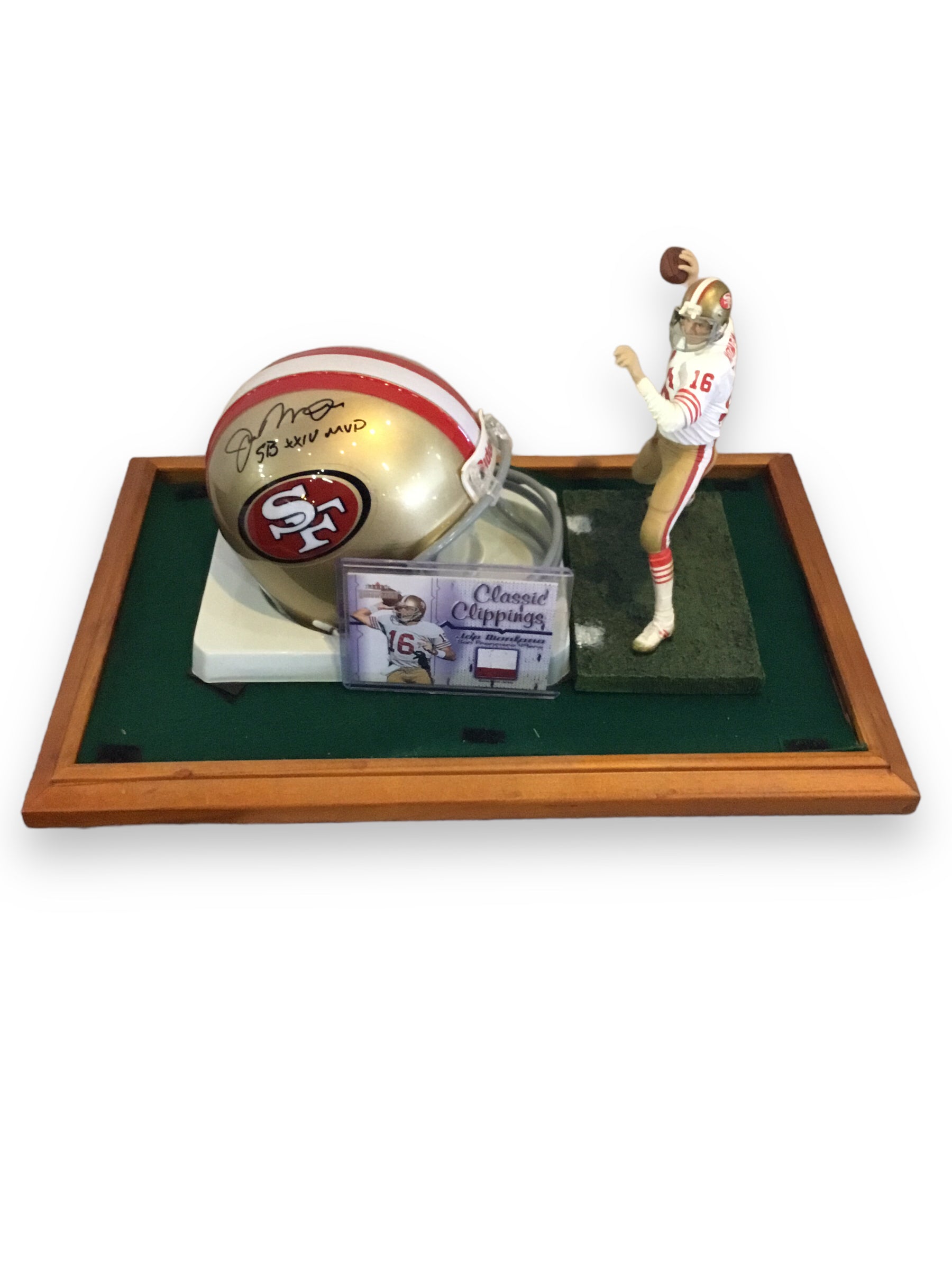 Joe Montana 49ers Autographed Mini Helmet Shadowbox w/ Jersey Card and Figure