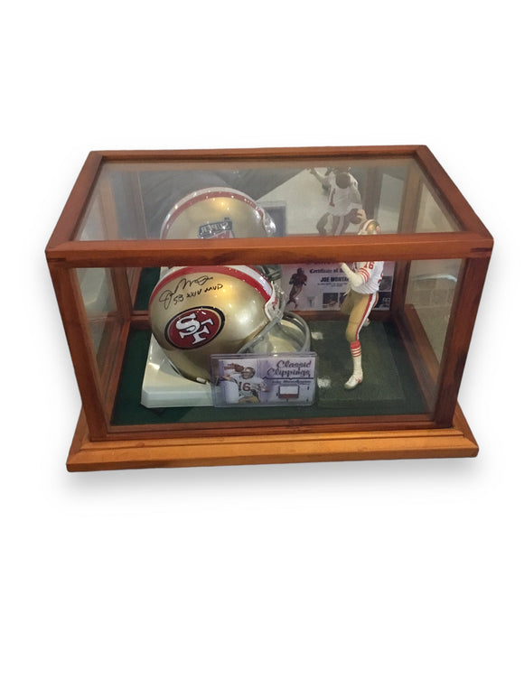 Joe Montana 49ers Autographed Mini Helmet Shadowbox w/ Jersey Card and Figure