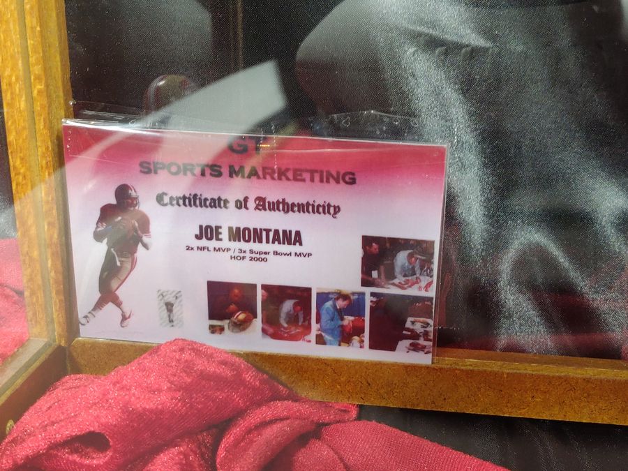 Joe Montana Jerry Rice 49ers Autographed Football Shadowbox + Card + Figures