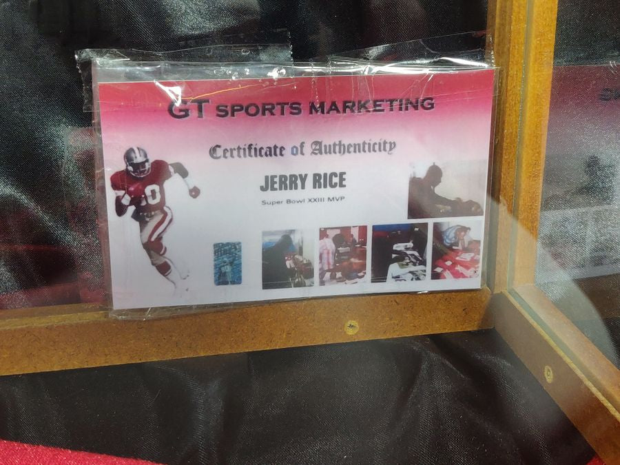 Joe Montana Jerry Rice 49ers Autographed Football Shadowbox + Card + Figures