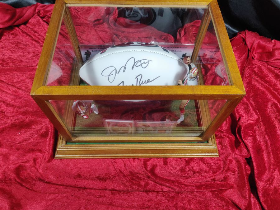 Joe Montana Jerry Rice 49ers Autographed Football Shadowbox + Card + Figures