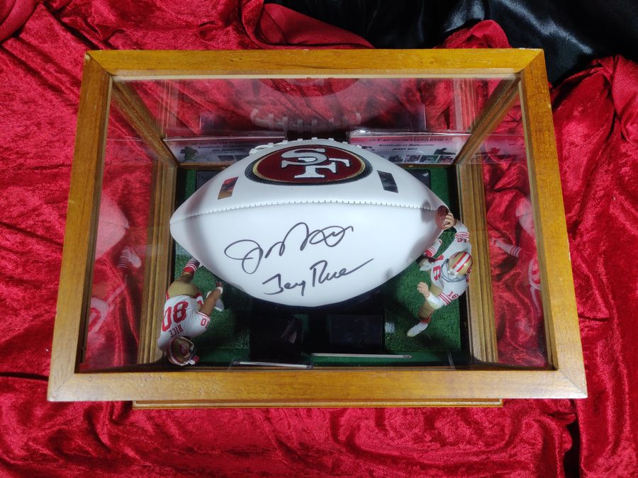 Joe Montana Jerry Rice 49ers Autographed Football Shadowbox + Card + Figures