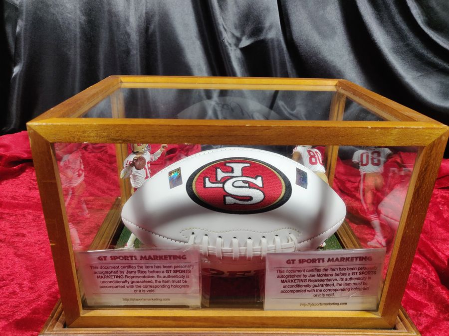 Joe Montana Jerry Rice 49ers Autographed Football Shadowbox + Card + Figures