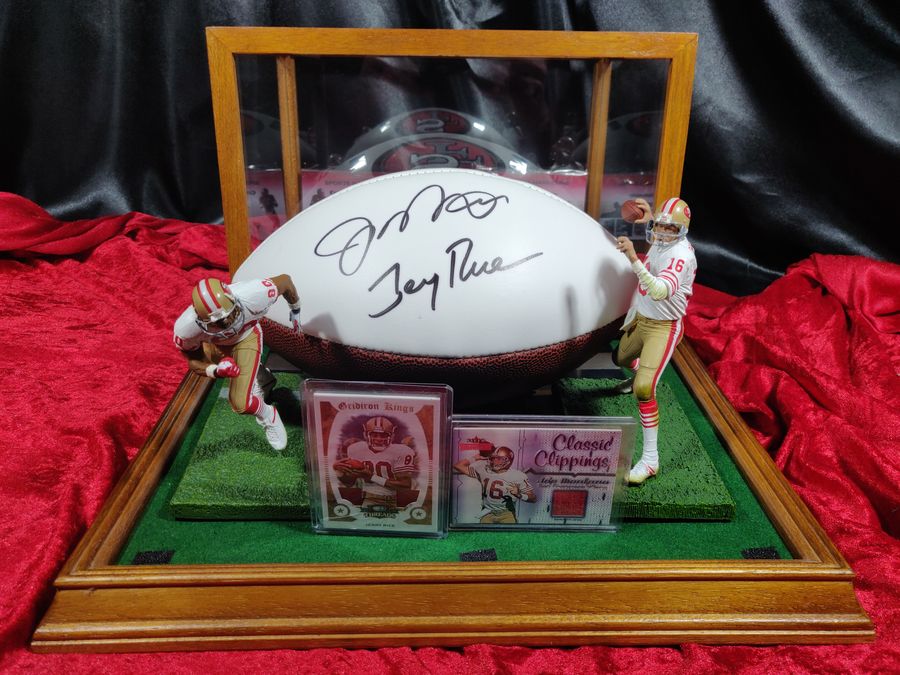Joe Montana Jerry Rice 49ers Autographed Football Shadowbox + Card + Figures