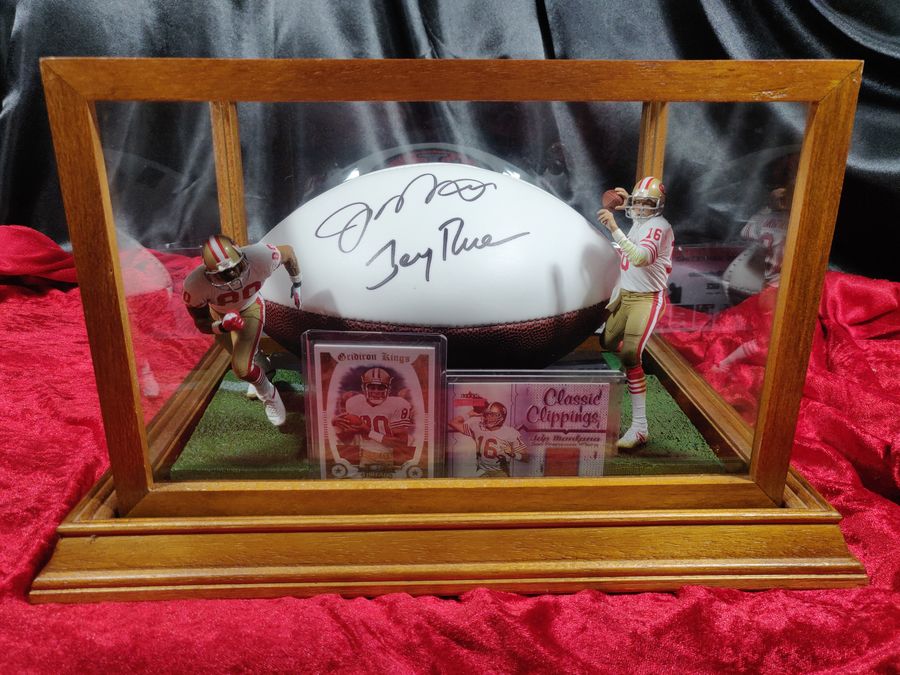 Joe Montana Jerry Rice 49ers Autographed Football Shadowbox + Card + Figures