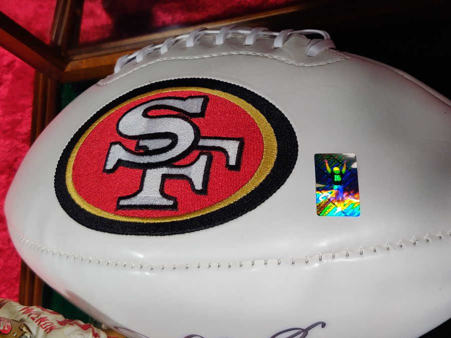 Joe Montana Signed Football Shadowbox 49ers HOF 2000 Ball w/ Card & Figure
