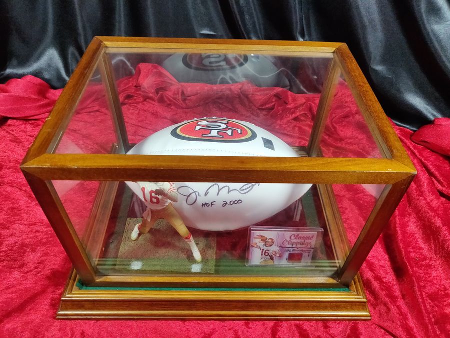Joe Montana Signed Football Shadowbox 49ers HOF 2000 Ball w/ Card & Figure