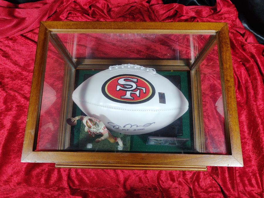 Joe Montana Signed Football Shadowbox 49ers HOF 2000 Ball w/ Card & Figure