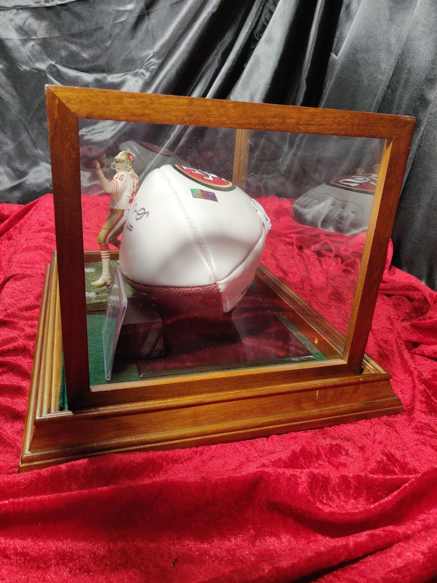 Joe Montana Signed Football Shadowbox 49ers HOF 2000 Ball w/ Card & Figure
